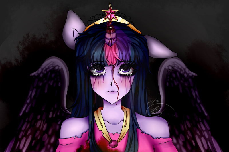 Size: 1801x1200 | Tagged: alicorn, anthro, artist:starshame, blood, broken horn, clothes, derpibooru import, grimdark, horn, signature, solo, twilight sparkle, twilight sparkle (alicorn)