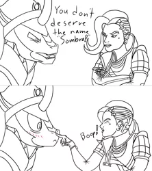 Size: 1920x2160 | Tagged: :<, angry, artist:fashionframe, blushing, boop, bust, comic, crossed arms, crossover, derpibooru import, dialogue, eyes closed, fangs, frown, glare, king sombra, lineart, monochrome, namesake, open mouth, overwatch, safe, sharp teeth, simple background, sombra (overwatch), teeth, unexpected, white background, wide eyes