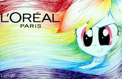 Size: 2048x1337 | Tagged: safe, artist:liaaqila, derpibooru import, rainbow dash, equestria girls, colourful, cute, dashabetes, l'oréal, looking at you, model, rainbowlicious, solo, traditional art