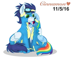 Size: 4076x3281 | Tagged: safe, artist:cinnamon-swirls, derpibooru import, rainbow dash, soarin', pony, backwards cutie mark, blushing, clothes, female, male, shipping, simple background, soarindash, straight, transparent background, uniform, wonderbolts uniform