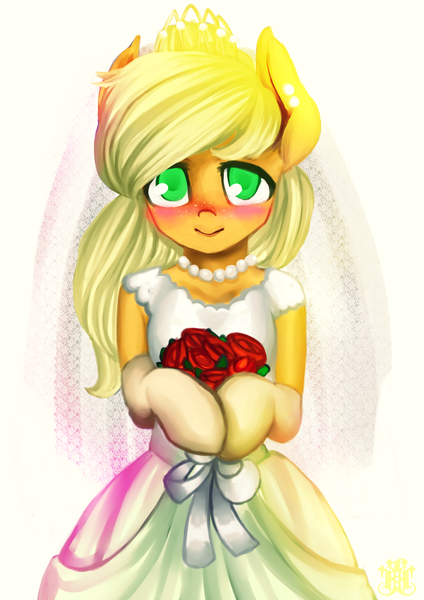 Size: 2893x4092 | Tagged: safe, artist:monochromacat, derpibooru import, part of a set, applejack, pony, bipedal, blushing, bouquet, clothes, dress, female, flower, jewelry, looking at you, marriage, monochromacat's wedding series, necklace, part of a series, simple background, smiling, solo, wedding dress, white background