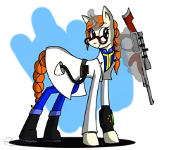 Size: 2100x1791 | Tagged: safe, artist:derpanater, derpibooru import, oc, oc:precision cuts, unofficial characters only, pony, unicorn, fallout equestria, clothes, commission, cute, doctor, doctor's coat, glasses, gun, lever action rifle, magic, pipbuck, simple background, solo, telekinesis, transparent background, vault suit, weapon