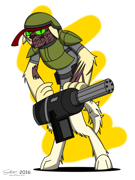 Size: 2000x2667 | Tagged: armor, artist:derpanater, bandana, clothes, commission, derpibooru import, diamond dog, fallout equestria, gun, hellhound, helmet, looking at you, minigun, oc, oc:rex "bad" bruno, safe, scar, simple background, solo, standing, transparent background, unofficial characters only, weapon