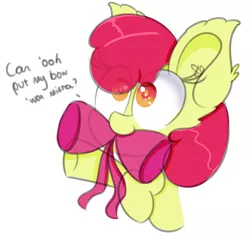Size: 1002x944 | Tagged: adorabloom, apple bloom, apple bloom's bow, artist:pastelhorses, bow, cute, derpibooru import, hair bow, implied anon, mouth hold, offscreen character, safe, simple background, solo, weapons-grade cute, white background