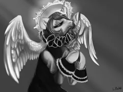 Size: 1500x1125 | Tagged: artist:trojan-pony, clothes, derpibooru import, eyes closed, grayscale, halo, monochrome, praying, princess celestia, ruff (clothing), safe, solo, spread wings, triangle, underhoof, wings