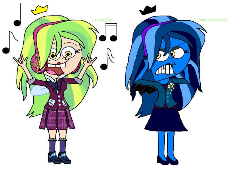 Size: 1648x1217 | Tagged: safe, artist:runepatriarch, derpibooru import, lemon zest, equestria girls, blouse, clothes, crossover, crystal prep academy uniform, devil horn (gesture), headphones, school uniform, skirt, smiling, the fairly oddparents