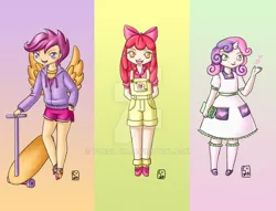 Size: 900x689 | Tagged: apple bloom, apple bloom's bow, artist:yunsildin, book, bow, clothes, derpibooru import, dress, hair bow, horn, horned humanization, human, humanized, jacket, overalls, pants, safe, scootaloo, scooter, shirt, sweater, sweetie belle, watermark, winged humanization, wings