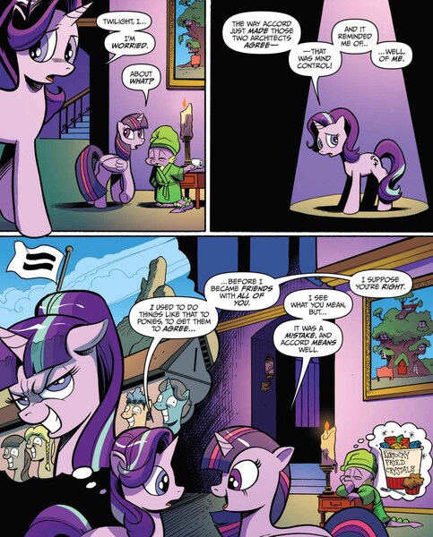 Size: 1076x1336 | Tagged: safe, artist:andypriceart, derpibooru import, idw, spike, starlight glimmer, twilight sparkle, twilight sparkle (alicorn), alicorn, pony, chaos theory (arc), spoiler:comic, spoiler:comic48, accord (arc), continuity, equal town, golden oaks library, grin, part the first: from chaos comes order, smiling