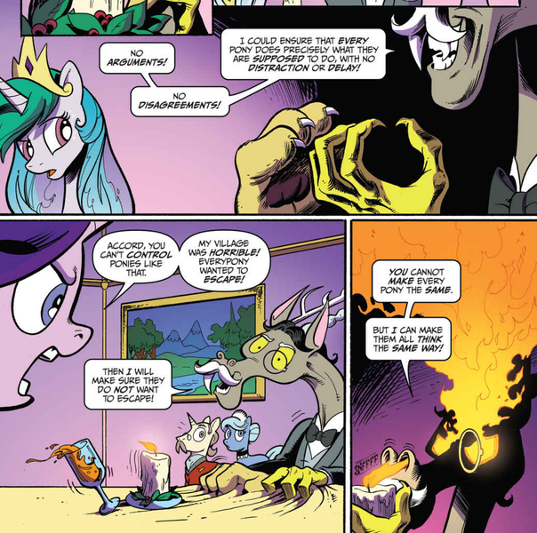 Size: 1033x1027 | Tagged: accord, accord (arc), artist:andypriceart, chaos theory (arc), derpibooru import, fire, idw, kibitz, part the first: from chaos comes order, princess celestia, safe, sniffing, spoiler:comic, spoiler:comic48, starlight glimmer