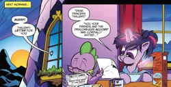 Size: 1015x517 | Tagged: safe, artist:andypriceart, derpibooru import, idw, spike, twilight sparkle, twilight sparkle (alicorn), alicorn, pony, chaos theory (arc), spoiler:comic, spoiler:comic48, accord (arc), aweeg*, book, clothes, messy hair, morning ponies, part the first: from chaos comes order, ponytail, robe, that pony sure does love books