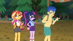 Size: 1280x720 | Tagged: safe, derpibooru import, edit, edited screencap, screencap, flash sentry, sci-twi, sunset shimmer, twilight sparkle, equestria girls, legend of everfree, :<, backpack, bare chest, belly button, camp everfree logo, camp everfree outfits, clothes, eyeroll, female, frown, implied flashimmer, implied shipping, implied straight, legs, male, nipples, nude edit, nudity, partial nudity, partial nudity edit, shirt, shorts, socks, straight, temptation, topless