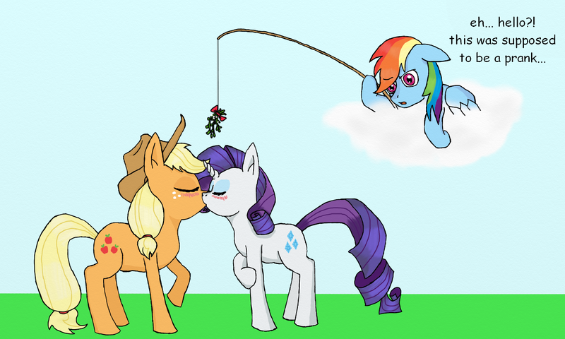 Size: 1500x900 | Tagged: safe, artist:eulicious, derpibooru import, applejack, rainbow dash, rarity, earth pony, pegasus, pony, unicorn, applejack's hat, blushing, cloud, cowboy hat, dialogue, eyes closed, female, fishing rod, hat, kissing, lesbian, mare, mistletoe, open mouth, rarijack, shipping