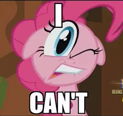 Size: 641x608 | Tagged: caption, derpibooru import, edit, edited screencap, faic, floppy ears, great moments in animation, i can't, image macro, lip bite, meme, one eye closed, open mouth, pinkie pie, ponk, safe, screencap, solo, text, the one where pinkie pie knows, wat, wink