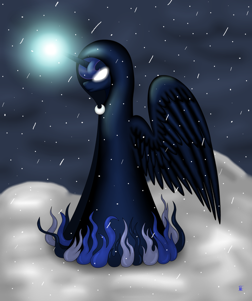 Size: 1886x2248 | Tagged: artist:margo24, cloak, clothes, derpibooru import, glowing eyes, night, night sky, princess luna, safe, sky, solo, spirit of hearth's warming yet to come