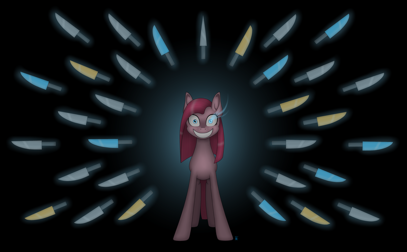 Size: 4050x2510 | Tagged: artist:margo24, bad time, derpibooru import, glowing eyes, knife, parody, pinkamena diane pie, pinkielovania, pinkie pie, sans pie, sans (undertale), semi-grimdark, solo, this will end in a bad time, this will end in death, this will end in tears, this will end in tears and/or death, undertale