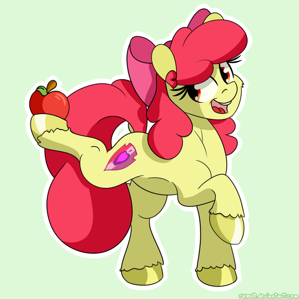 Size: 1500x1500 | Tagged: apple, apple bloom, artist:ramott, cutie mark, derpibooru import, food, raised hoof, safe, solo, the cmc's cutie marks, unshorn fetlocks