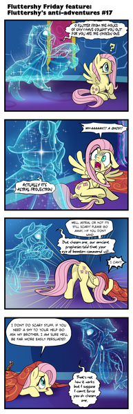 Size: 616x1920 | Tagged: safe, artist:pencils, derpibooru import, fluttershy, ghost, mouse, pony, undead, unicorn, comic:fluttershy's anti-adventures, astral projection, blanket, butt, cape, chosen one, clothes, comic, coward, crying, delegating, dialogue, dock, eye contact, floating, hiding, looking at each other, open mouth, plot, question mark, raised hoof, rug, scared, speech bubble, spread wings, the chosen one, wings