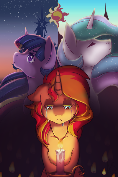 Size: 1024x1536 | Tagged: safe, artist:curiouskeys, derpibooru import, princess celestia, sunset shimmer, twilight sparkle, twilight sparkle (alicorn), alicorn, pony, candle, cover art, crying, fire, sunrise, twilight (astronomy)