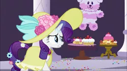 Size: 1920x1080 | Tagged: safe, derpibooru import, screencap, rarity, pony, sweet and elite, cake, clothes, dress, food, hat, piñata, rarity looking at food, solo
