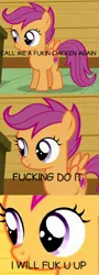 Size: 490x1354 | Tagged: safe, derpibooru import, screencap, scootaloo, pony, on your marks, comic sans, cutie mark, female, filly, fuk, scootachicken, solo, the cmc's cutie marks, u wot m8, vulgar