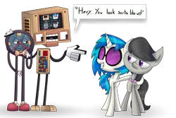 Size: 2743x1828 | Tagged: safe, artist:supercoco142, derpibooru import, octavia melody, vinyl scratch, earth pony, pony, unicorn, bowtie, colin the computer, colored pupils, crossover, don't hug me i'm scared, female, mare, simple background, tony the talking clock, transparent background