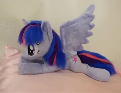 Size: 4000x3056 | Tagged: safe, artist:epicrainbowcrafts, derpibooru import, twilight sparkle, twilight sparkle (alicorn), alicorn, pony, beanie (plushie), irl, photo, plushie, prone, solo