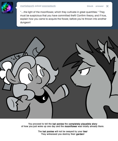 Size: 666x800 | Tagged: safe, artist:egophiliac, derpibooru import, princess luna, oc, oc:frolicsome meadowlark, oc:sunshine smiles (egophiliac), bat pony, pony, moonstuck, cartographer's cap, female, filly, grayscale, hat, monochrome, moonflower, shrug, woona, younger