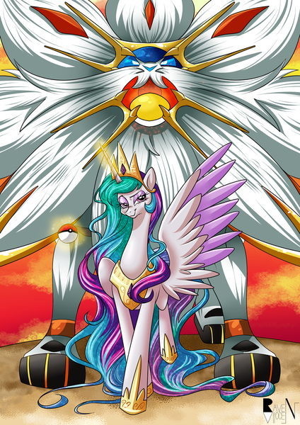 Size: 1013x1433 | Tagged: artist:allocen, crossover, derpibooru import, magic, pokéball, pokémon, princess celestia, safe, smiling, smirk, solgaleo, spread wings, telekinesis, wings