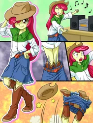 Size: 782x1035 | Tagged: safe, artist:uotapo, derpibooru import, apple bloom, comic:home alone, equestria girls, somepony to watch over me, accessory theft, adorable face, adorabloom, applejack's hat, beautiful, belt, boombox, boots, bottomless, clothes, clothes swap, comic, cowboy boots, cowboy hat, cowgirl, cropped, cute, dancing, denim skirt, fail, funny, hat, image, jpeg, music, music notes, oops, open mouth, orange eyes, ouch, oversized clothes, partial nudity, red hair, shoes, skirt, skirt around legs, skirt lift, solo, stetson, tripping