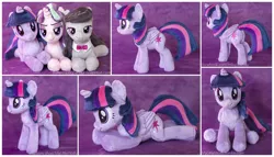 Size: 2002x1148 | Tagged: safe, artist:buttercupbabyppg, derpibooru import, octavia melody, starlight glimmer, twilight sparkle, twilight sparkle (alicorn), alicorn, pony, beanie (plushie), irl, photo, plushie, prone, sitting, solo focus