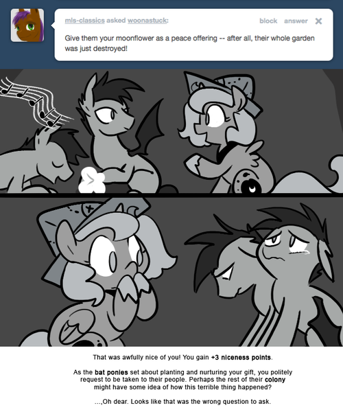 Size: 666x800 | Tagged: safe, artist:egophiliac, derpibooru import, princess luna, oc, oc:frolicsome meadowlark, oc:sunshine smiles (egophiliac), bat pony, pony, moonstuck, cartographer's cap, crying, female, filly, grayscale, hat, monochrome, moonflower, music notes, sad, woona, younger