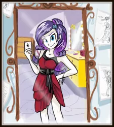 Size: 754x838 | Tagged: safe, artist:vago-xd, derpibooru import, rarity, fanfic, fanfic:a school crush, equestria girls, >:), clothes, dress, fanfic art, selfie, smiling, smirk, solo