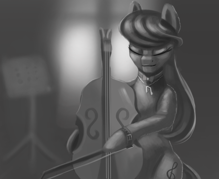 Size: 1280x1046 | Tagged: artist:vell221, bow (instrument), cello, cello bow, derpibooru import, eyes closed, grayscale, implied lesbian, implied scratchtavia, implied shipping, jewelry, monochrome, musical instrument, necklace, octavia melody, safe, solo