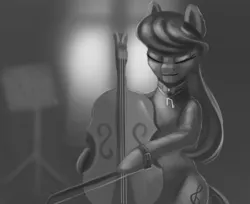 Size: 1280x1046 | Tagged: artist:vell221, bow (instrument), cello, cello bow, derpibooru import, eyes closed, grayscale, implied lesbian, implied scratchtavia, implied shipping, jewelry, monochrome, musical instrument, necklace, octavia melody, safe, solo