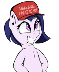 Size: 700x851 | Tagged: artist:neighday, derpibooru import, ear piercing, earring, eyebrow piercing, grin, happy, hat, jewelry, lip piercing, make america great again, make x great again, meme, oc, oc:lavender (neighday), piercing, semi-anthro, simple background, smiling, solo, squee, suggestive, transparent background, trumpism, unofficial characters only