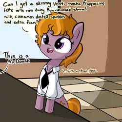 Size: 974x974 | Tagged: safe, artist:tjpones, derpibooru import, oc, oc:holly wood, unofficial characters only, pony, bipedal, bipedal leaning, coffee, cute, dialogue, leaning, mcdonald's, necktie, ocbetes, offscreen character, open mouth, solo, window