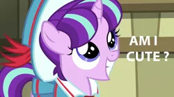 Size: 1280x716 | Tagged: safe, derpibooru import, edit, edited screencap, screencap, snowfall frost, starlight glimmer, pony, unicorn, a hearth's warming tail, bronybait, caption, cute, female, filly, filly starlight glimmer, glimmerbetes, grin, image macro, looking up, meme, pigtails, smiling, solo, squee, text, younger