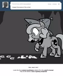 Size: 666x800 | Tagged: artist:egophiliac, bubble pipe, cartographer's deerstalker, ceci n'est pas une pipe, derpibooru import, female, filly, grayscale, hoofprints, monochrome, moonflower, moonstuck, pipe, princess luna, safe, tracks, woona, younger