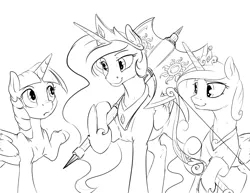 Size: 1155x893 | Tagged: safe, artist:silfoe, derpibooru import, princess cadance, princess celestia, twilight sparkle, twilight sparkle (alicorn), alicorn, pony, royal sketchbook, axe, battle axe, bow (weapon), grayscale, monochrome, sketch, weapon