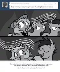 Size: 666x800 | Tagged: safe, artist:egophiliac, derpibooru import, princess luna, oc, oc:frolicsome meadowlark, oc:sunshine smiles (egophiliac), bat pony, pony, moonstuck, cartographer's deerstalker, female, filly, grayscale, monochrome, music notes, singing, woona, younger