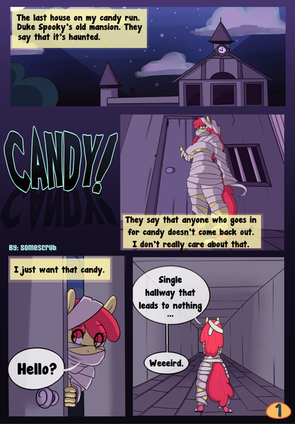 Size: 1280x1840 | Tagged: anthro, apple bloom, artist:somescrub, breasts, busty apple bloom, clothes, cloud, comic, comic:candy!, converse, costume, derpibooru import, dialogue, female, hallway, moon, mummy, mummy costume, night, nightmare night, nightmare night costume, older, plantigrade anthro, shoes, sneakers, stars, suggestive, underboob