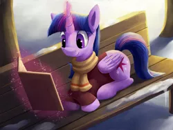 Size: 1400x1055 | Tagged: safe, artist:camyllea, derpibooru import, twilight sparkle, twilight sparkle (alicorn), alicorn, pony, bench, book, clothes, reading, scarf, smiling, snow, solo, winter