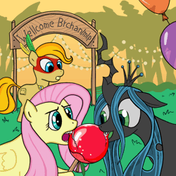 Size: 1000x1000 | Tagged: apple, artist needed, balloon, brazil, brchan, candy apple (food), derpibooru import, eating, face paint, feather, fluttershy, food, oc, queen chrysalis, safe, welcome