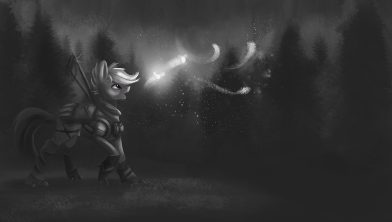 Size: 1280x727 | Tagged: safe, artist:vell221, derpibooru import, scootaloo, firefly (insect), insect, pegasus, pony, fanfic:night mares, armor, female, forest, hooves, monochrome, moon, night, open mouth, solo, tree, wings