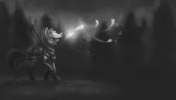 Size: 1280x727 | Tagged: safe, artist:vell221, derpibooru import, scootaloo, firefly (insect), insect, pegasus, pony, fanfic:night mares, armor, female, forest, hooves, monochrome, moon, night, open mouth, solo, tree, wings