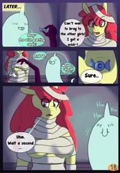 Size: 1280x1840 | Tagged: anthro, apple bloom, artist:somescrub, breasts, busty apple bloom, candy, clothes, comic, comic:candy!, costume, derpibooru import, dialogue, female, food, ghost, mummy, nightmare night, nightmare night costume, older, open mouth, plantigrade anthro, shoes, sneakers, suggestive, thought bubble, undead, underboob