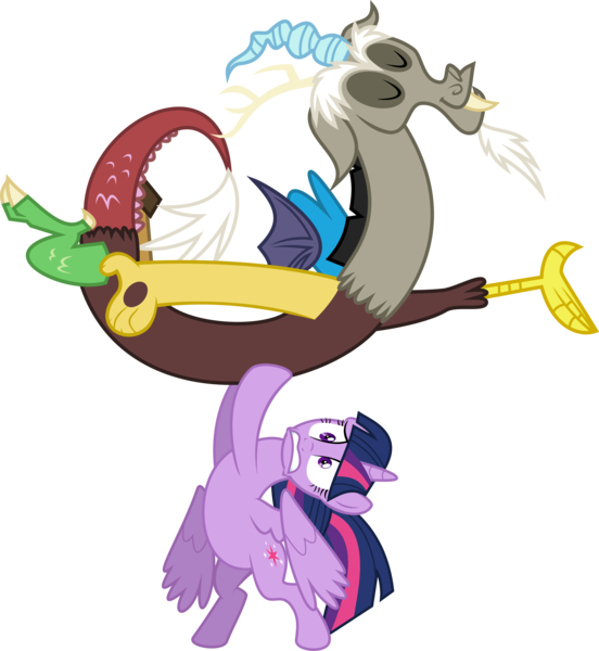 Size: 5000x5436 | Tagged: safe, artist:missbeigepony, derpibooru import, discord, twilight sparkle, twilight sparkle (alicorn), alicorn, pony, three's a crowd, absurd resolution, eyes closed, holding, implied discolight, implied straight, lifting, shipping fuel, simple background, transparent background, vector