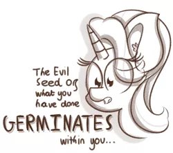 Size: 864x765 | Tagged: artist:pastelhorses, derpibooru import, dialogue, even now the evil seed of what you've done germinates within you, legend, meme, monochrome, open mouth, safe, simple background, sinister, solo, starlight glimmer, the almighty loaf, white background