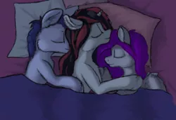 Size: 2048x1399 | Tagged: artist needed, safe, derpibooru import, oc, oc:blackjack, oc:morning glory (project horizons), oc:p-21, unofficial characters only, pony, unicorn, fallout equestria, fallout equestria: project horizons, fanfic, bed, bisexual, cuddling, fanfic art, female, gloryjack, lesbian, male, oc x oc, pjack, polyamory, shipping, snuggling, straight