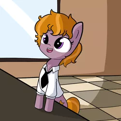 Size: 974x974 | Tagged: safe, artist:tjpones, derpibooru import, edit, editor:dsp2003, oc, oc:holly wood, unofficial characters only, pony, bipedal, bipedal leaning, coffee, cute, leaning, mcdonald's, necktie, ocbetes, open mouth, solo, textless, window